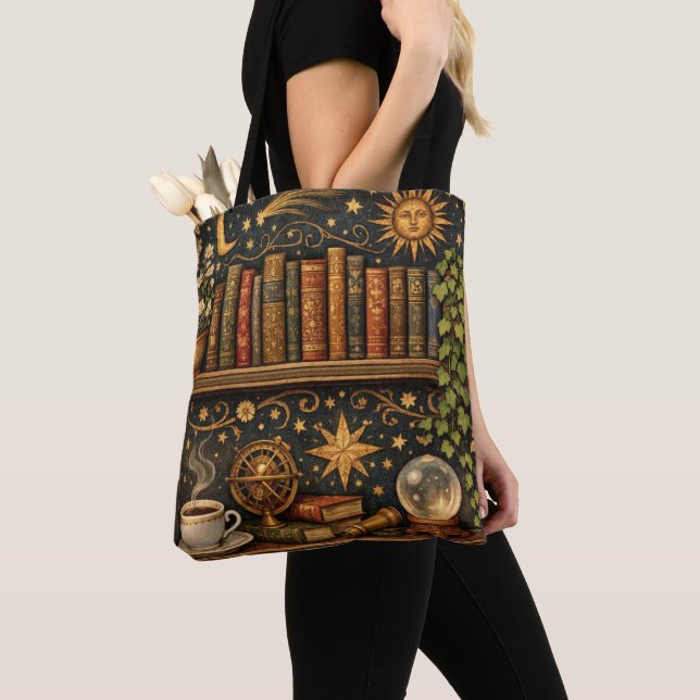Tote Bag Retro celestial bookshelf book coffee lover (De près)