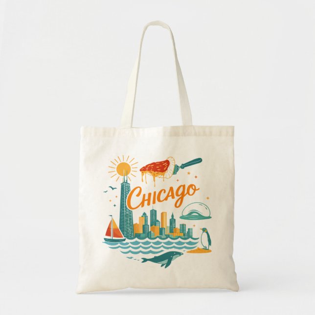 Tote Bag Retro Chicago Skyline Illustration (Devant)