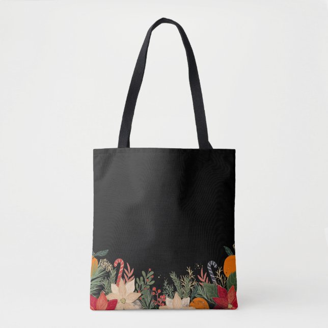 Tote Bag Retro Christmas floral pattern in black (Devant)