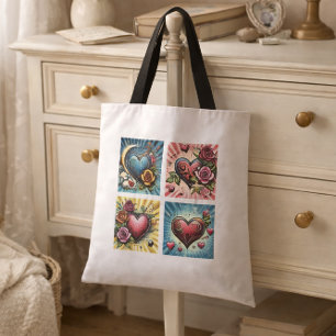 Tote Bag Retro Comic Hearts Vintage Pop Art Style