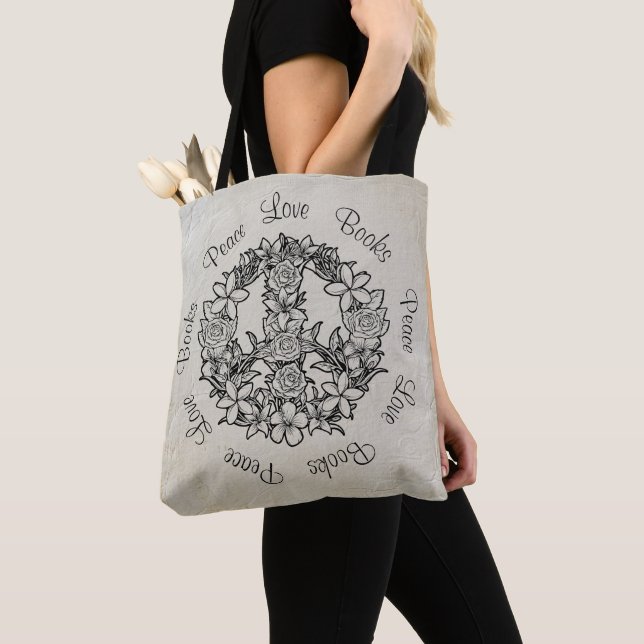 Tote Bag Retro Floral Peace Looks Linge blanc (De près)
