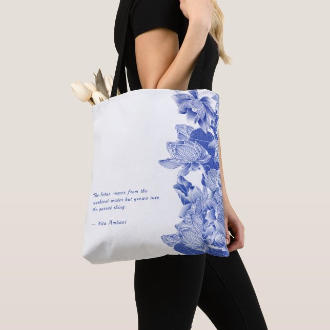 Tote Bag Retro Moderne Bleu Lotus Mandala Zen Citation Four (De près)