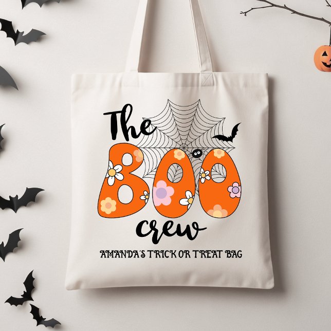 Tote Bag Retro Orange Black Boo Crew Trick Ou Treat Fourre- (Retro The Boo Crew Halloween Tote bag, Kids Halloween Tote, Groovy Halloween Trick Or Treat Tote)