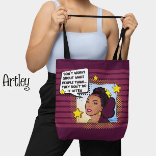 Tote Bag Retro Pop Art drôle Phrase jaune violet vert