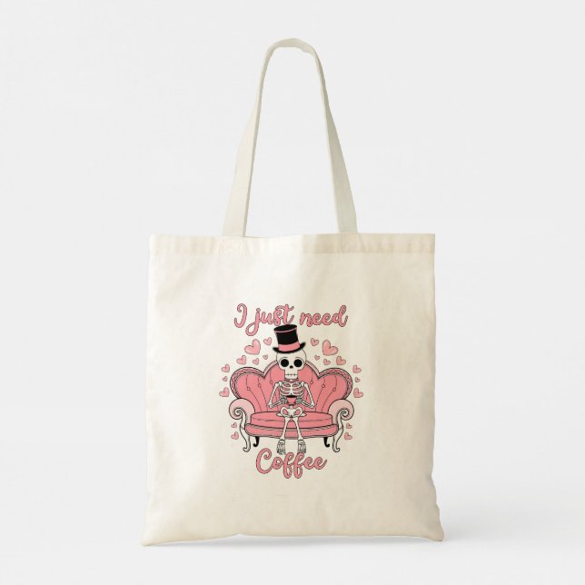 Tote Bag Retro Valentine's Day Skeleton Coffee Drinker (Dos)