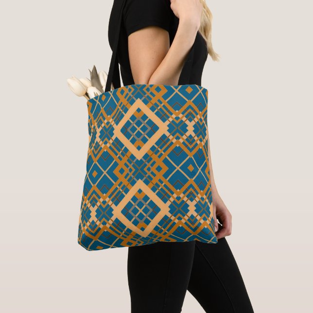 Tote Bag Reversible Geometric Diamond Pattern Teal Black  (De près)