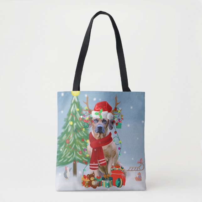 Tote Bag Rhodesian Ridgeback Chien dans neige cadeau de Noë (Devant)