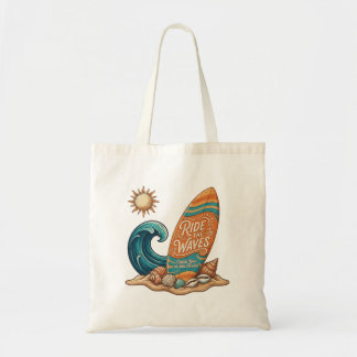 Tote Bag Ride the Waves Surfboard Illustration - Tropical B