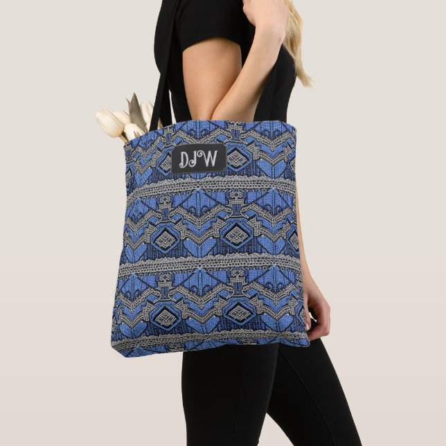 Tote Bag Robe Flapper Argent Bleu des années 1920 - vos ini (De près)