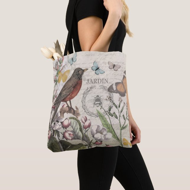 Tote Bag Robin Elegant Bird Butterfly French Art (De près)