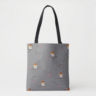 Tote Bag robin et motif de neige