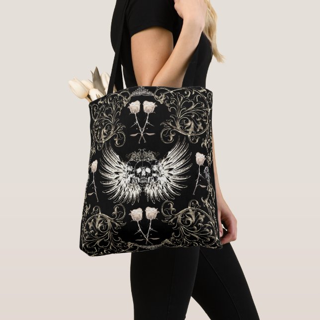 Tote Bag Romance gothique victorienne Ailes du crâne et ros (De près)
