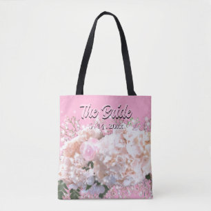 Tote Bag Romantique dentelle blanche hydrangée roses roses 