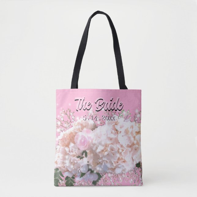 Tote Bag Romantique dentelle blanche hydrangée roses roses  (Devant)