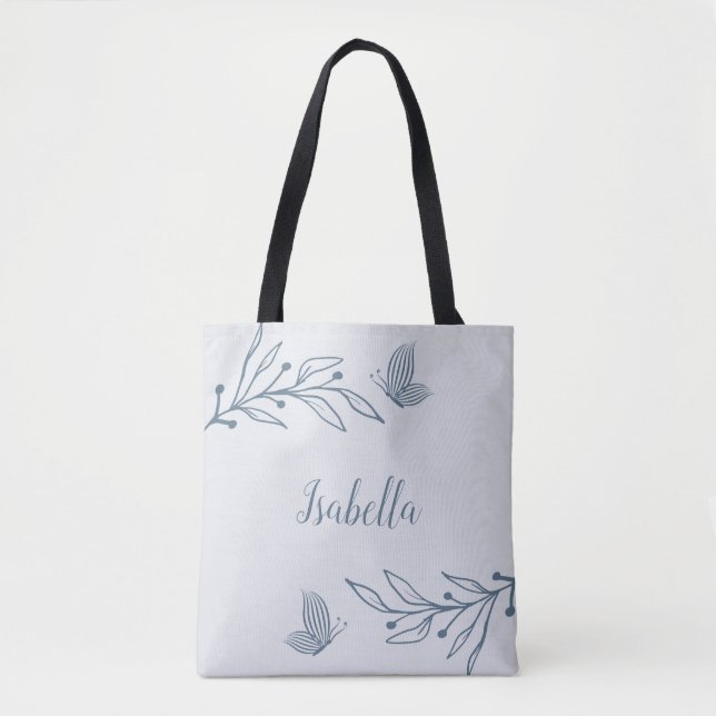Tote Bag Romantique élégant floral bleu poussiéreux  (Devant)