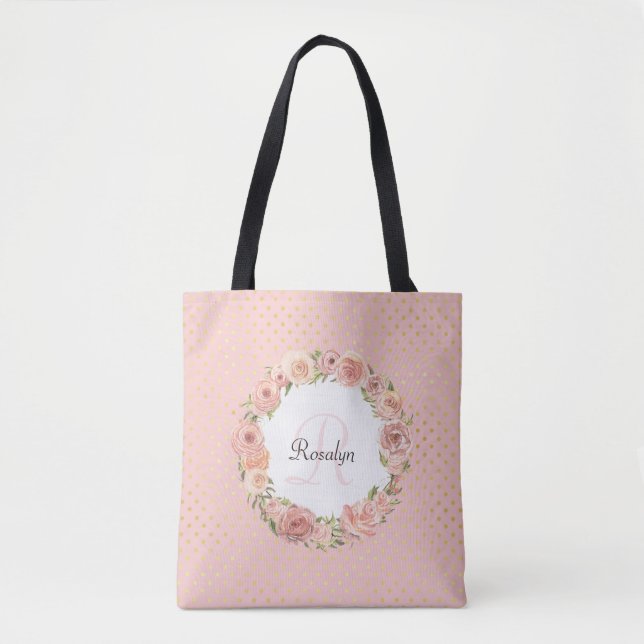 Tote Bag Romantique or pointillé Rose Floral Nom monogrammé (Devant)