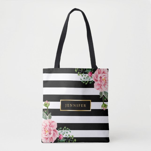 Tote Bag Romantique rose Floral Noir Blancs (Devant)