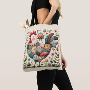 Tote Bag Rooster de Patchwork Folk aux accents floraux