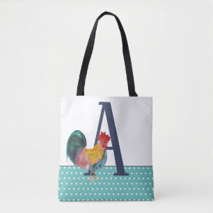 Tote Bag Rooster Rustique Grand Monogramme Pois Turquoises