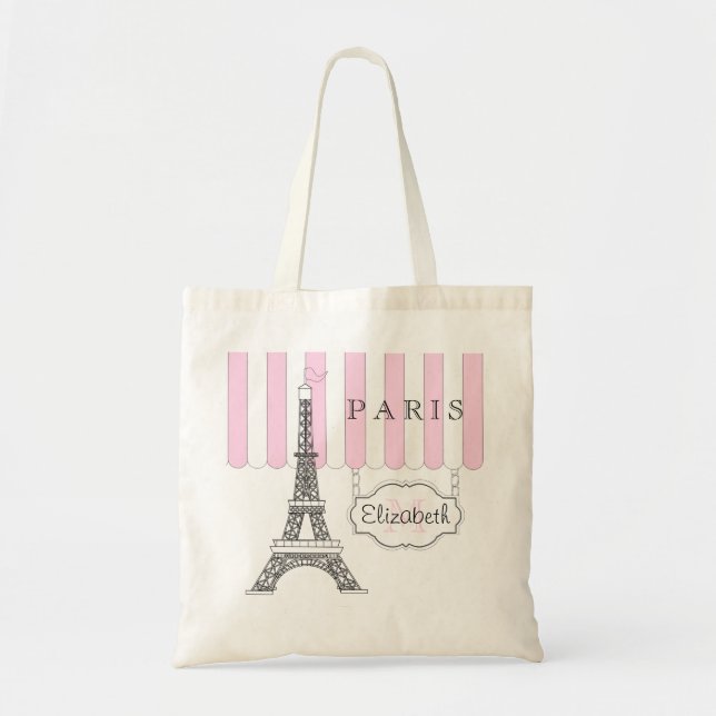 Tote Bag Rose | Blanc Paris Tour Eiffel Monogramme Nom Four (Devant)