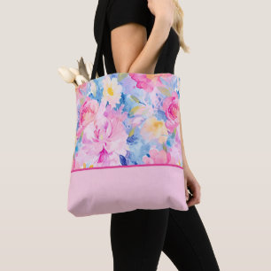 Tote Bag Rose Bleu Abstrait Aquarelle Fleurs Couleur Bloc