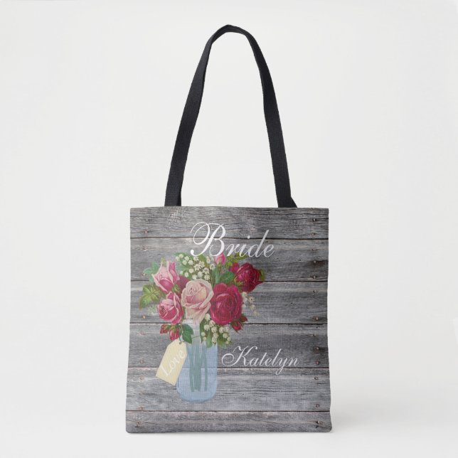 Tote Bag Rose Bouquet Mason Jar Mariée Personnalisée Pays (Devant)