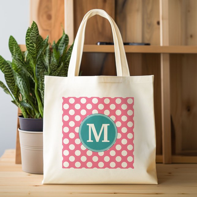 Tote Bag Rose chaud et Pois Turquoises avec Monogramme pers (Custom Canvas Tote Bag)