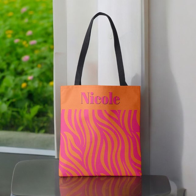 Tote Bag Rose Chaude Clair et Orange Gras Abstrait avec Nom (Créateur téléchargé)