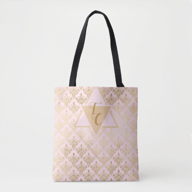 Tote Bag Rose Damask Élégant Monogramme Fourre-tout (Devant)