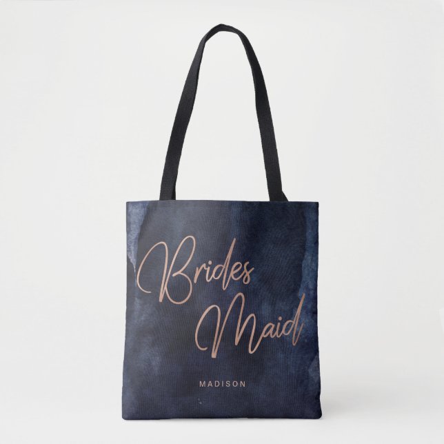 Tote Bag Rose d'aquarelle bleu marine Monogramme de servant (Devant)