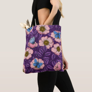Tote Bag Rose de chien et papillons en rose et violet