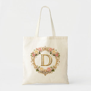 Tote Bag Rose Doré avec Fleurs et Monogramme Lettre D Maria