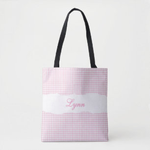 Tote Bag Rose et Blanc Gingham Classique Nom Personnalisé