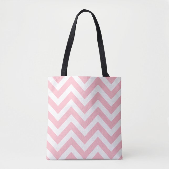 Tote Bag Rose et blanc Grand format Chevron Stripes Motif (Devant)