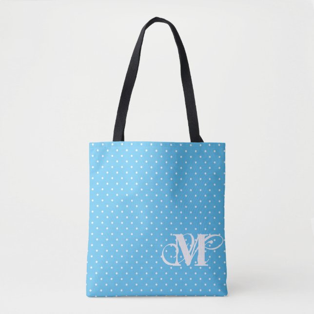 Tote Bag Rose et bleu - blanc Polka Dot Monogramme 2 (Devant)