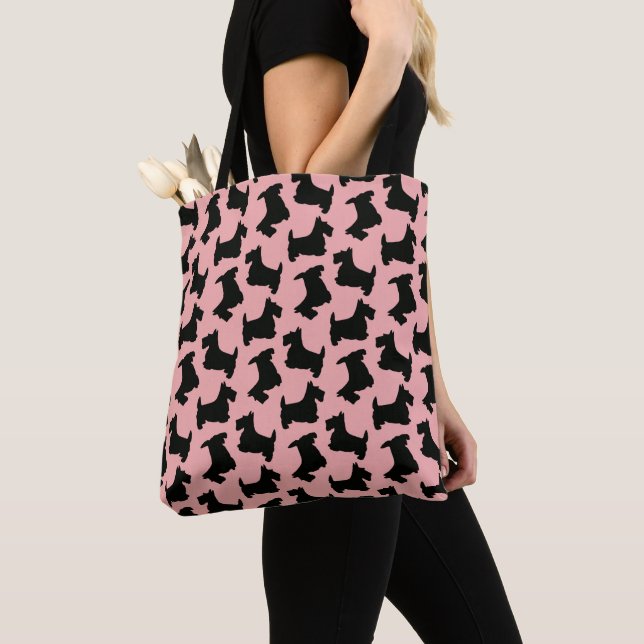 Tote Bag Rose et noir de motif de Terrier d'écossais (De près)