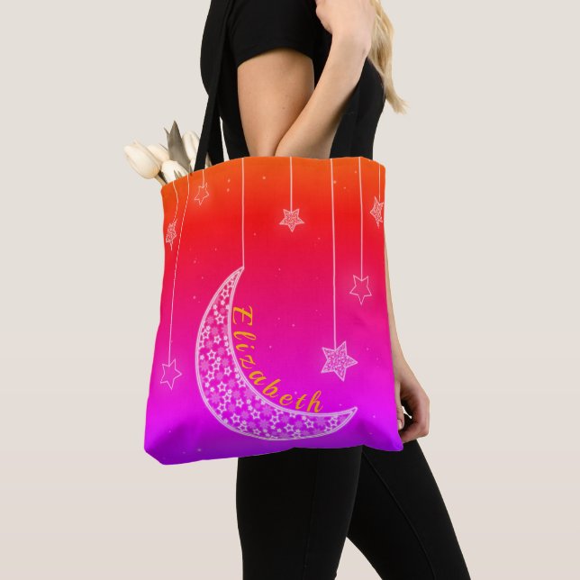 Tote Bag Rose et rouge vif avec étoiles et lune (De près)