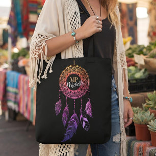 Tote Bag Rose et Violet Boho Dreamcatcher Nom Personnalisé