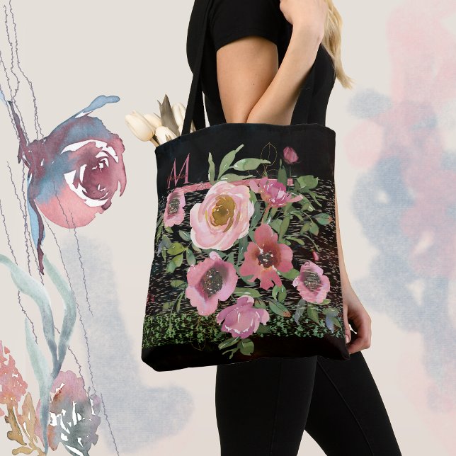 Tote Bag Rose Floral Noir (pink floral black tote bag with Monogram)