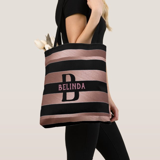 Tote Bag Rose Gold Black Striped Cadeau Monogramme HER (De près)