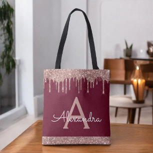 Tote Bag Rose Gold Burgundy Pailleté Élégant Monogramme T