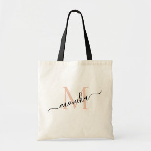 Tote Bag Rose Gold et Noir Élégant Monogramme Personnalisé