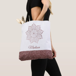 Tote Bag Rose Gold Faux Paillettes Mandala sur fond blanc m