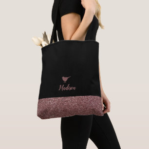 Tote Bag Rose Gold Faux Paillettes Petit Oiseau sur Fond No