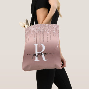 Tote Bag Rose Gold Glitter Drips Monogramme Métal Rose Fémi