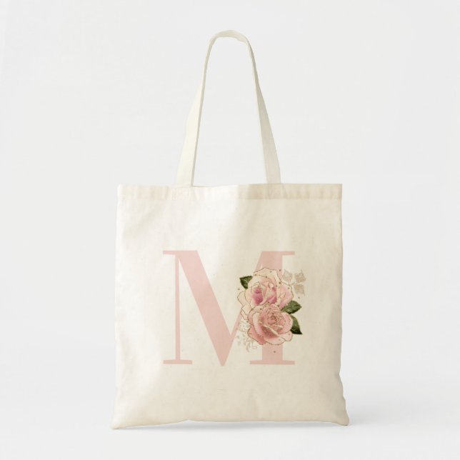 Tote Bag Rose Gold Pailleté Floral Blush Monogramme Féminin (Devant)