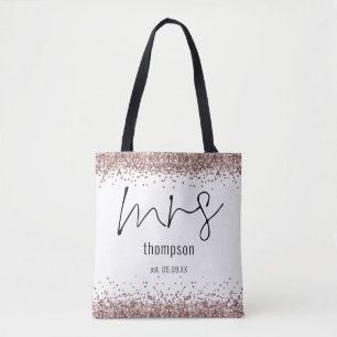 Tote Bag Rose Gold Parties scintillant Script Mme Nom Date 