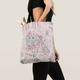 TOTE BAG ROSE & GRIS BOHO BABY ELEPHANT & DREAMCATCHER