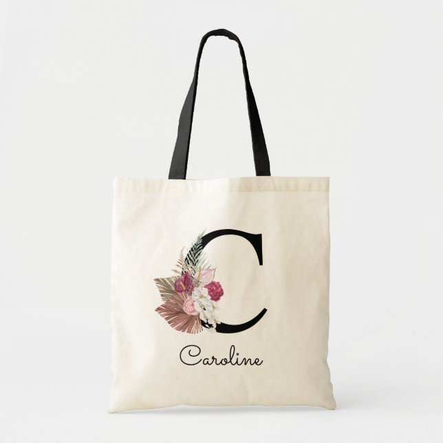 Tote Bag Rose Moderne Boho Féminin Floral Initiale C (Devant)