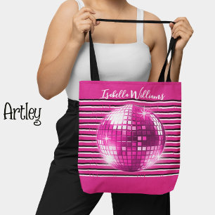 Tote Bag Rose noir blanc rayures disco bille nom girly